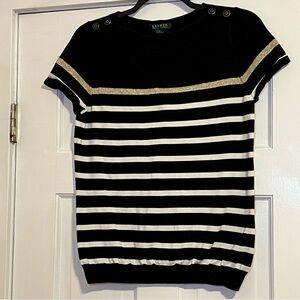 #84 LAUREN RALPH LAUREN BLACK AND WHITE STRIPED TOP W. GOLD ACCENTS LARGE